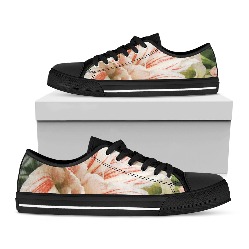 White And Pink Amaryllis Print Black Low Top Shoes