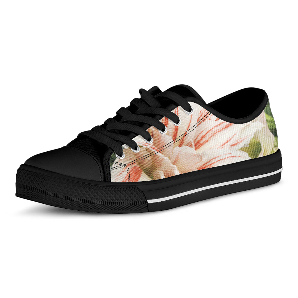 White And Pink Amaryllis Print Black Low Top Shoes