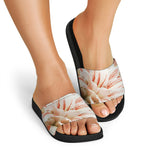 White And Pink Amaryllis Print Black Slide Sandals