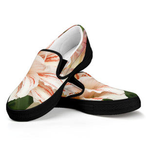 White And Pink Amaryllis Print Black Slip On Shoes