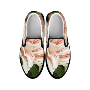 White And Pink Amaryllis Print Black Slip On Shoes