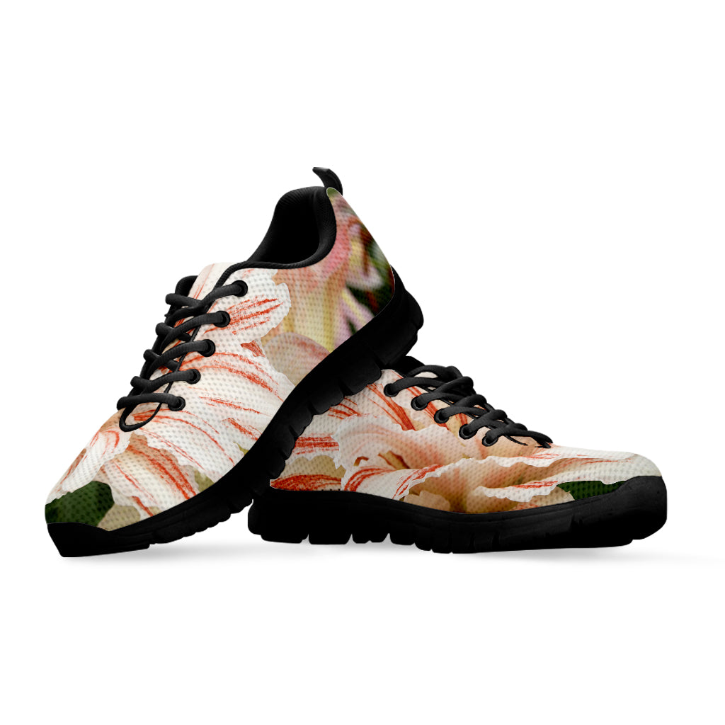 White And Pink Amaryllis Print Black Sneakers