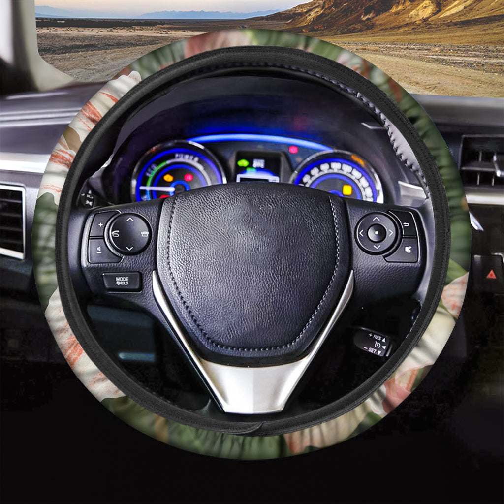 White And Pink Amaryllis Print Car Steering Wheel Cover