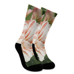 White And Pink Amaryllis Print Crew Socks
