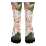 White And Pink Amaryllis Print Crew Socks