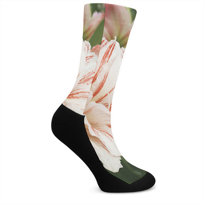 White And Pink Amaryllis Print Crew Socks