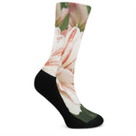 White And Pink Amaryllis Print Crew Socks