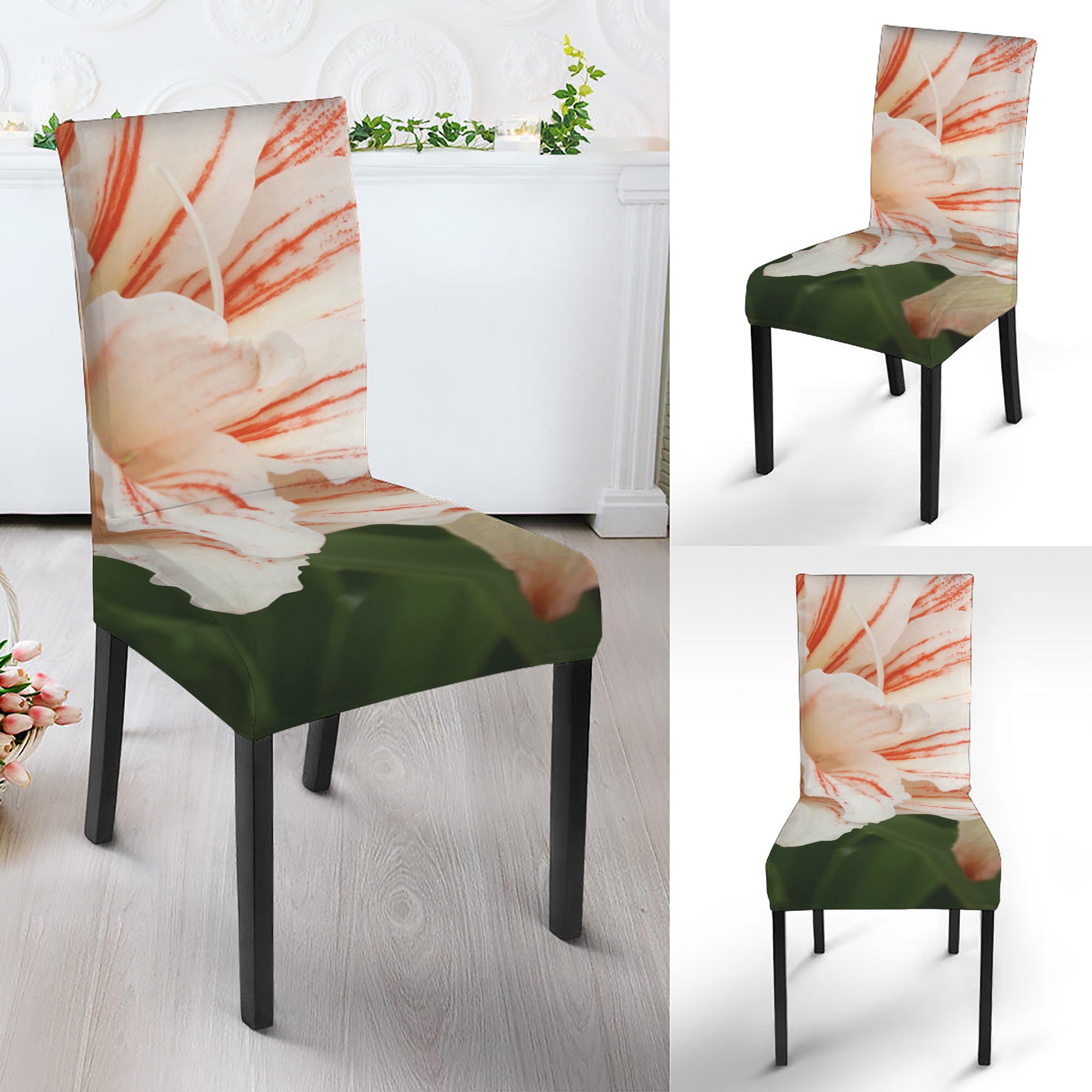 White And Pink Amaryllis Print Dining Chair Slipcover