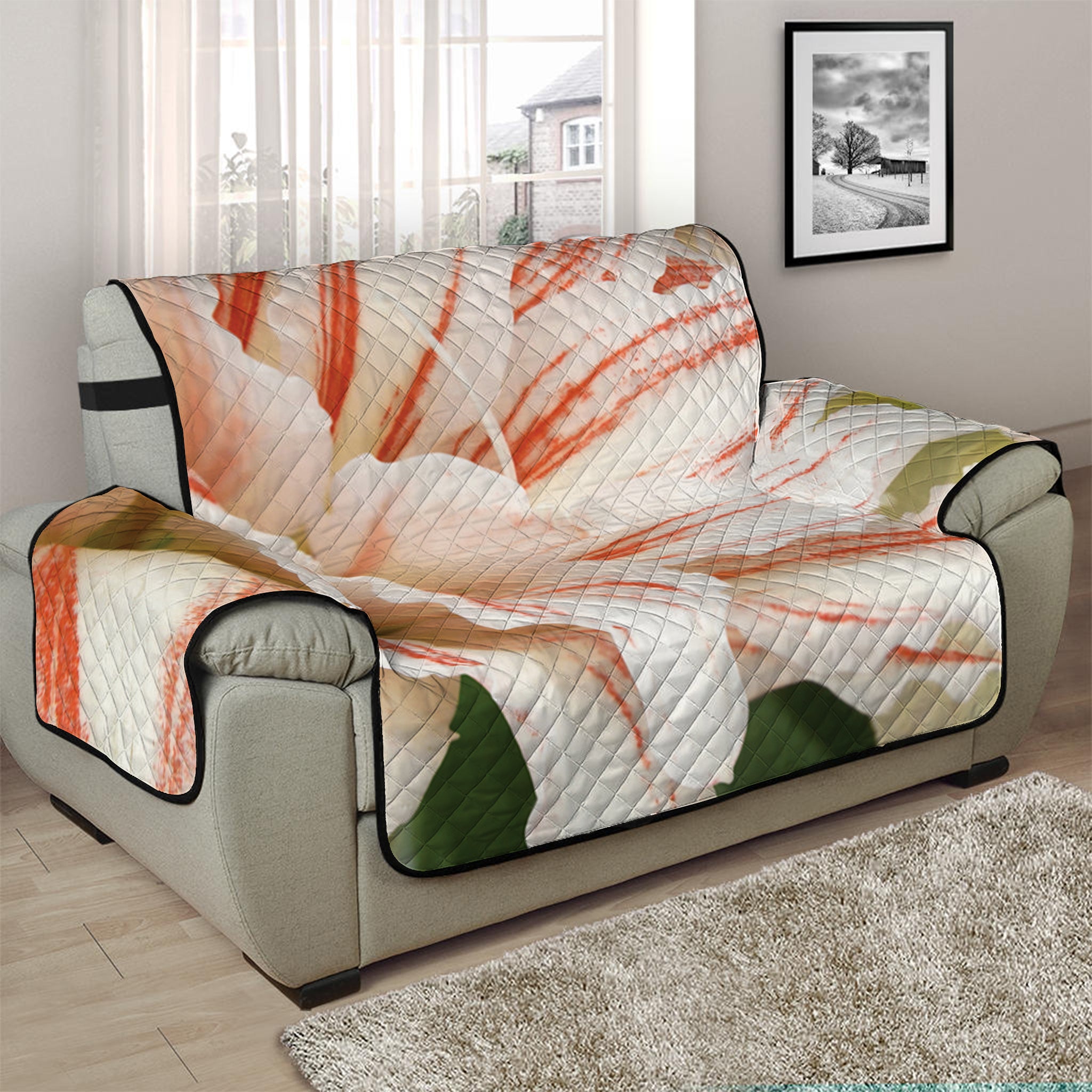 White And Pink Amaryllis Print Half Sofa Protector