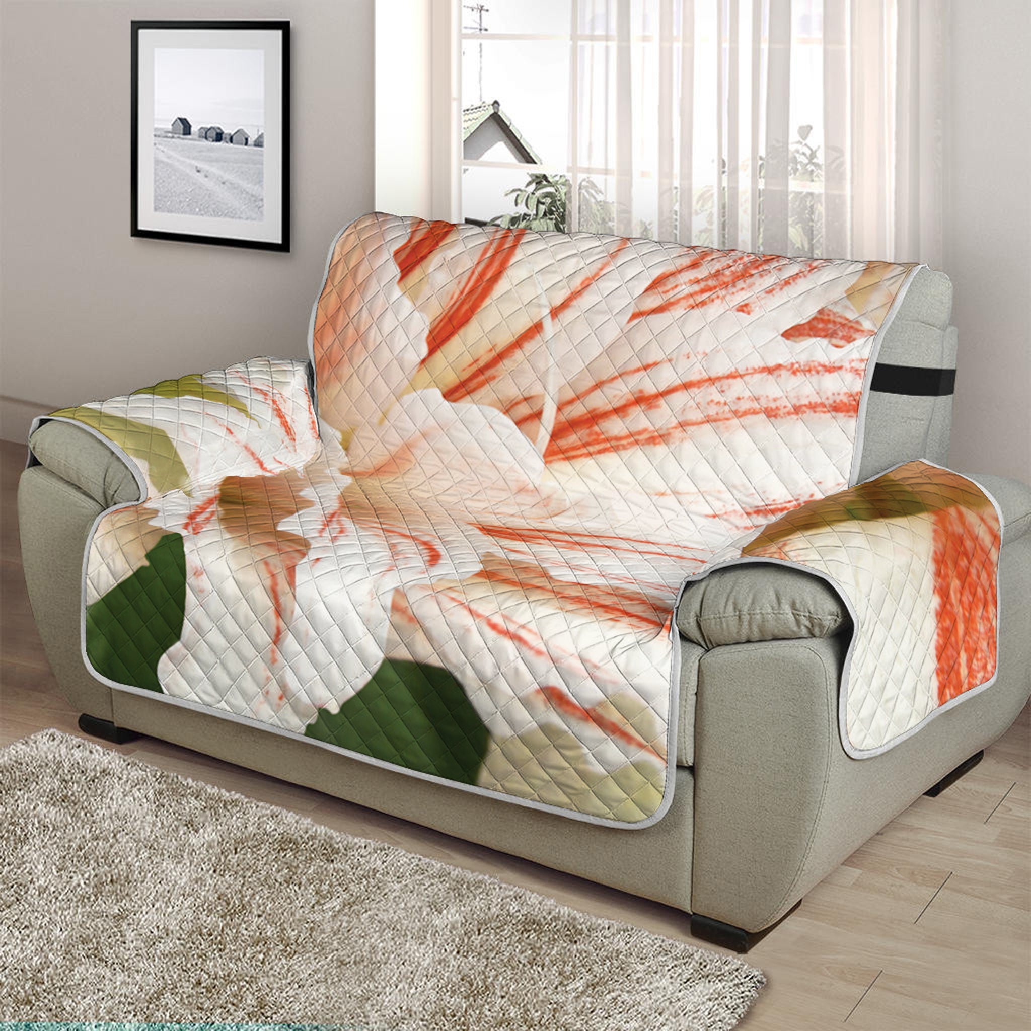 White And Pink Amaryllis Print Half Sofa Protector