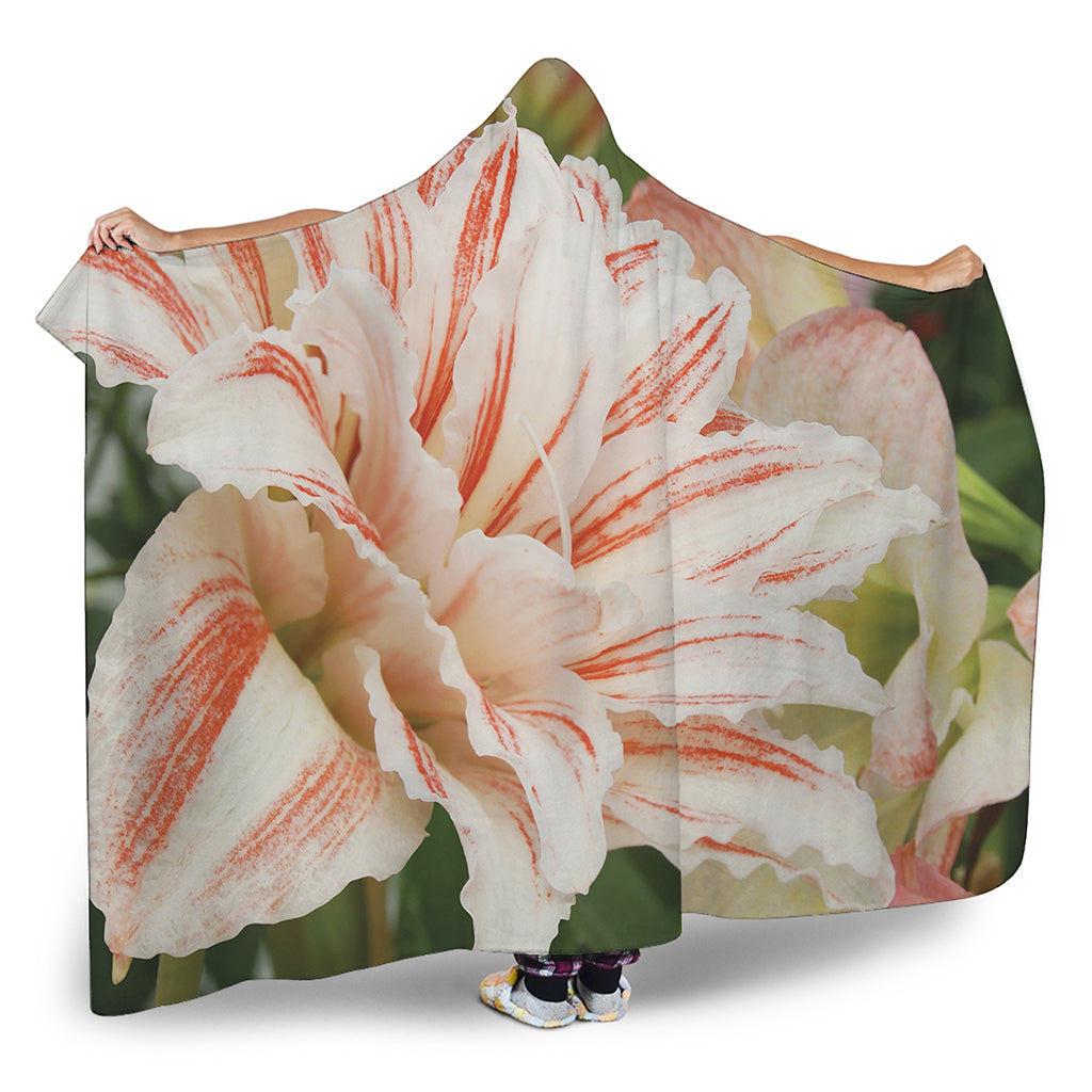 White And Pink Amaryllis Print Hooded Blanket