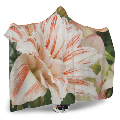 White And Pink Amaryllis Print Hooded Blanket