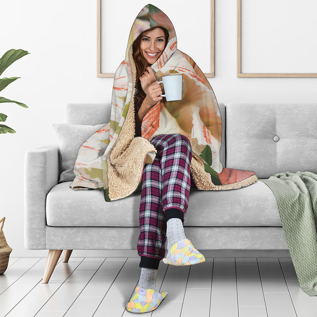 White And Pink Amaryllis Print Hooded Blanket