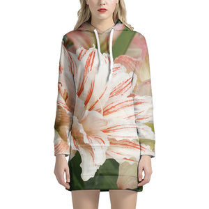 White And Pink Amaryllis Print Hoodie Dress