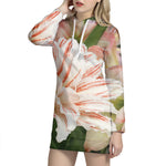 White And Pink Amaryllis Print Hoodie Dress