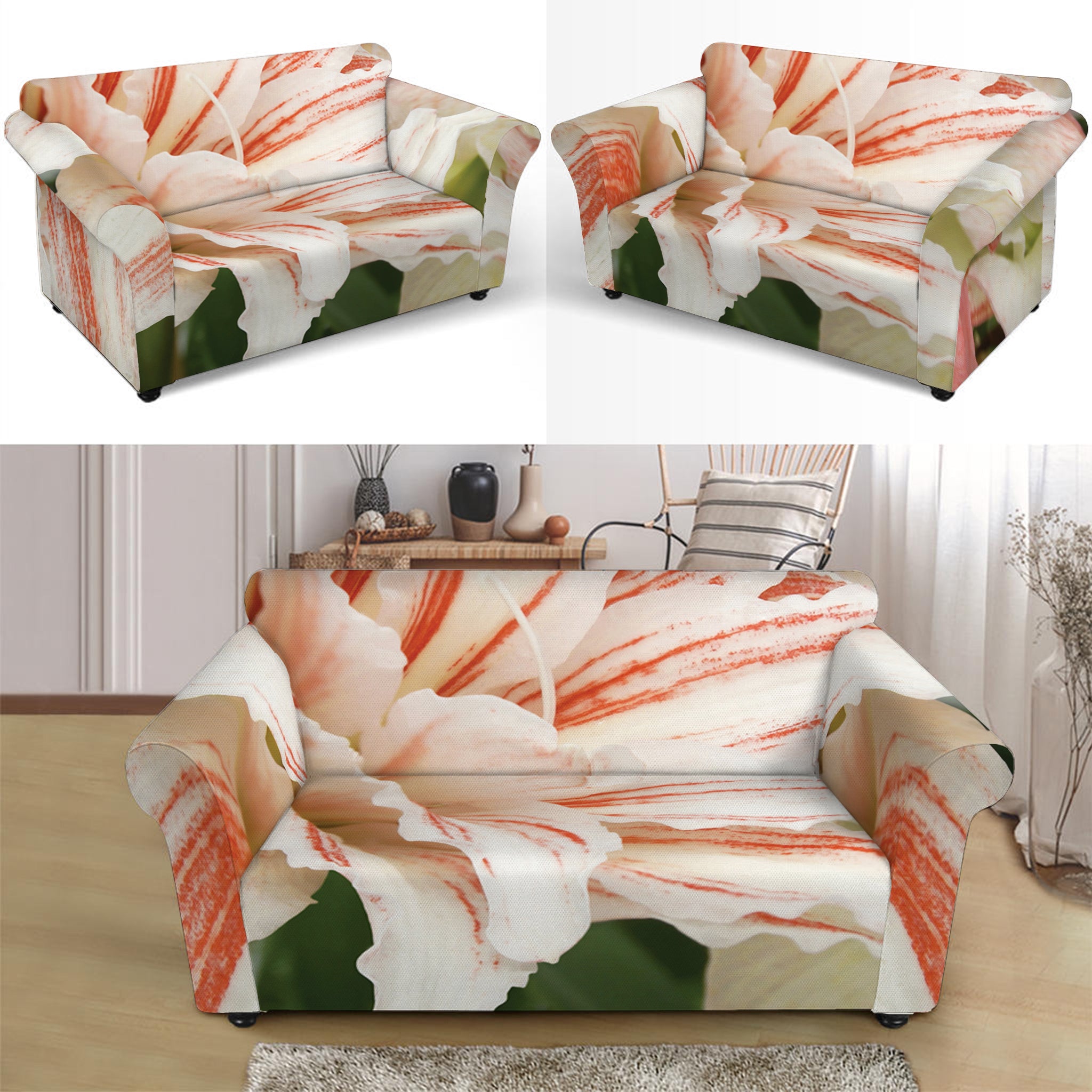 White And Pink Amaryllis Print Loveseat Slipcover