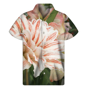 White And Pink Amaryllis Print Men's Short Sleeve Shirt