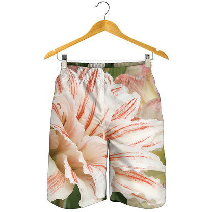 White And Pink Amaryllis Print Men's Shorts