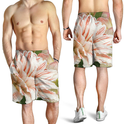 White And Pink Amaryllis Print Men's Shorts