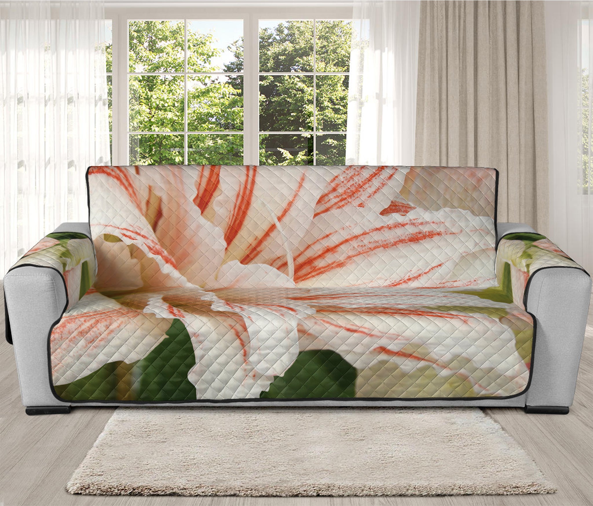 White And Pink Amaryllis Print Oversized Sofa Protector