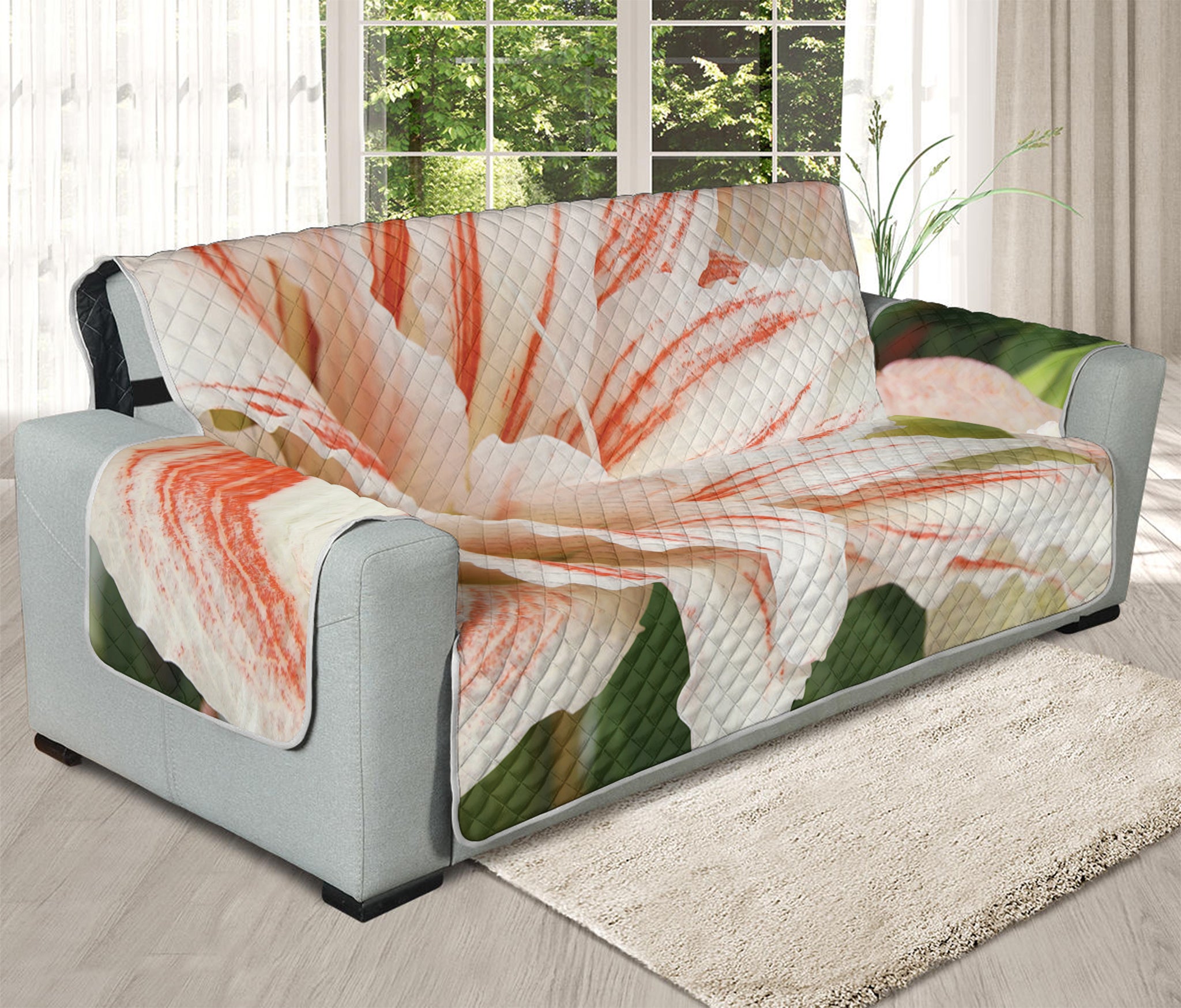 White And Pink Amaryllis Print Oversized Sofa Protector