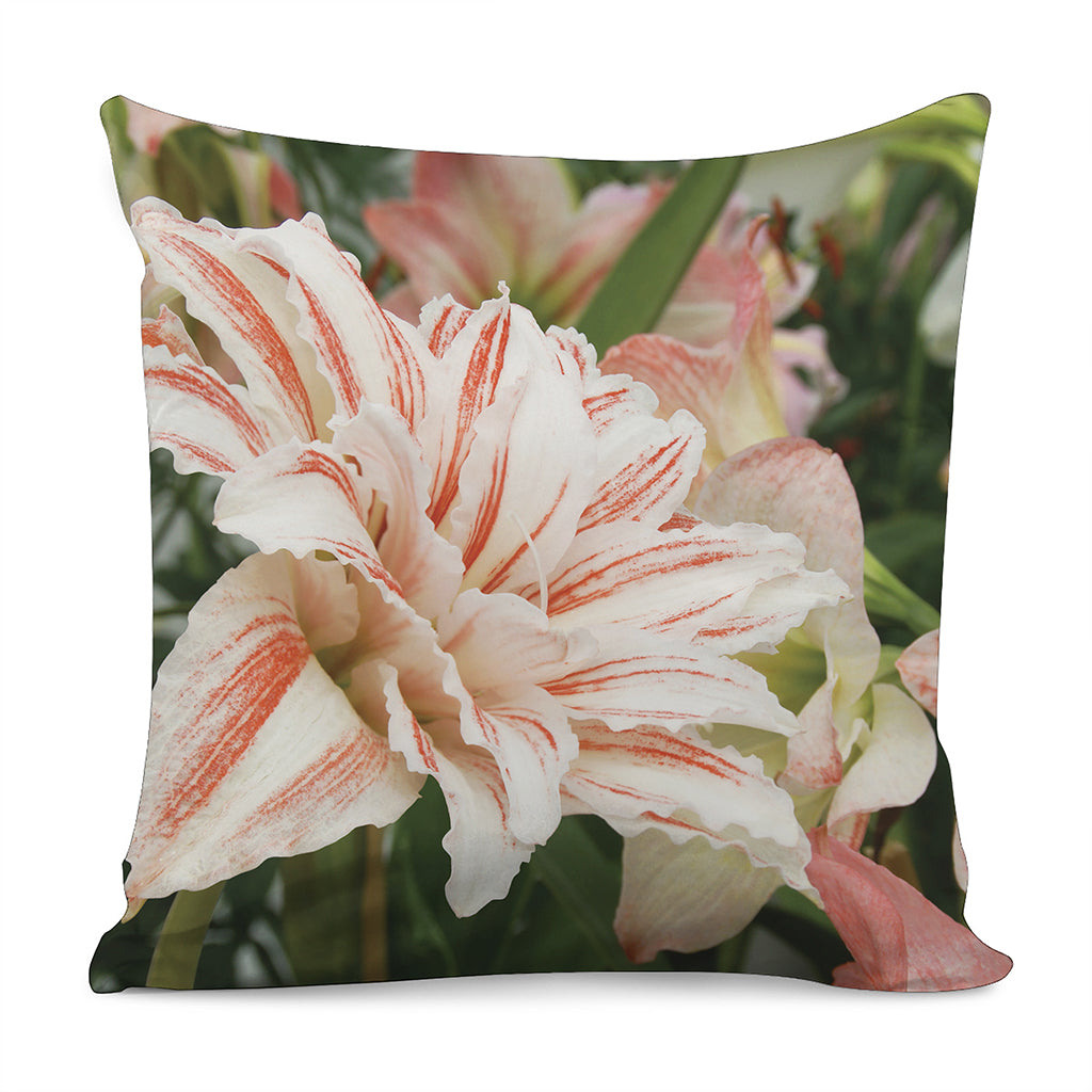 White And Pink Amaryllis Print Pillow Cover