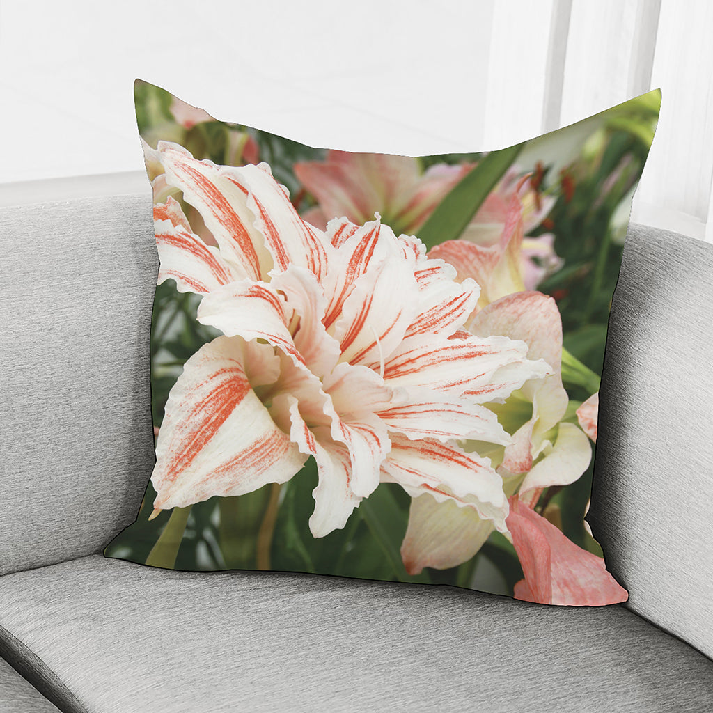 White And Pink Amaryllis Print Pillow Cover