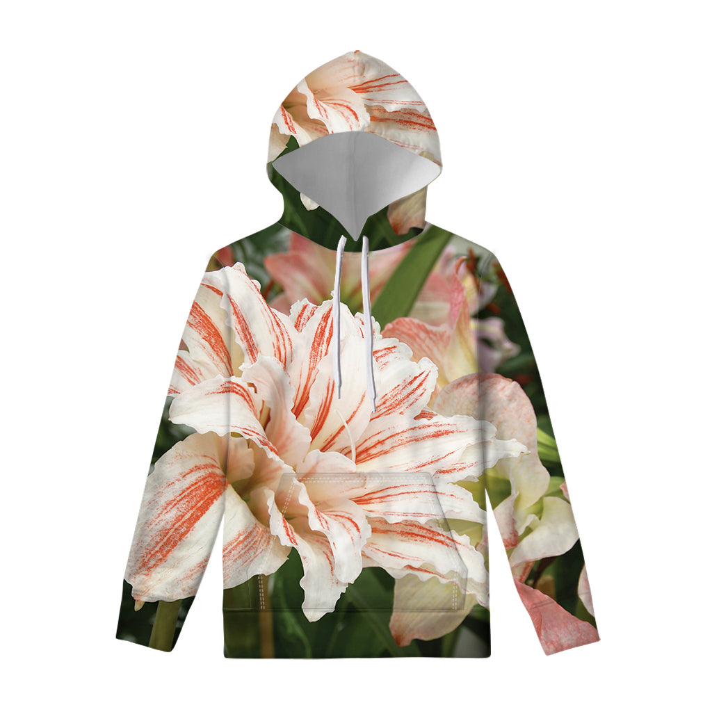 White And Pink Amaryllis Print Pullover Hoodie
