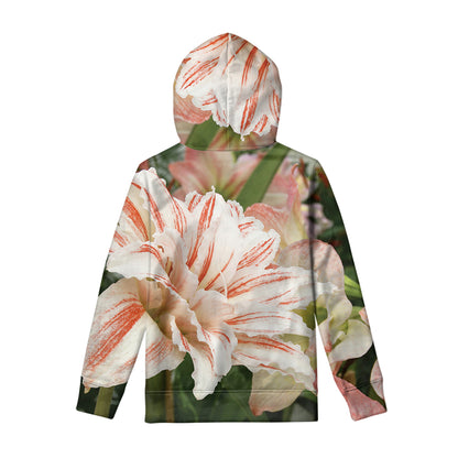 White And Pink Amaryllis Print Pullover Hoodie
