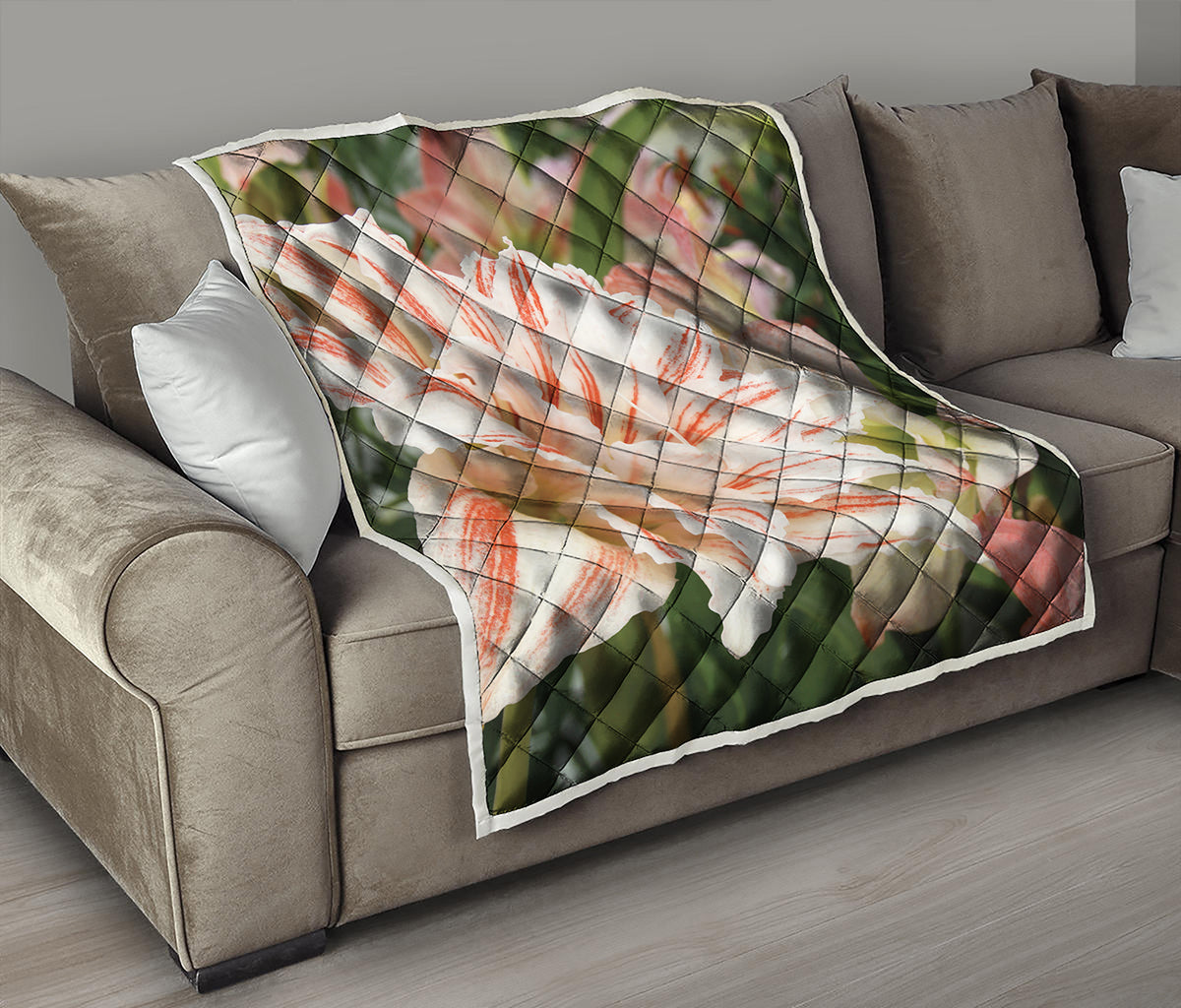 White And Pink Amaryllis Print Quilt