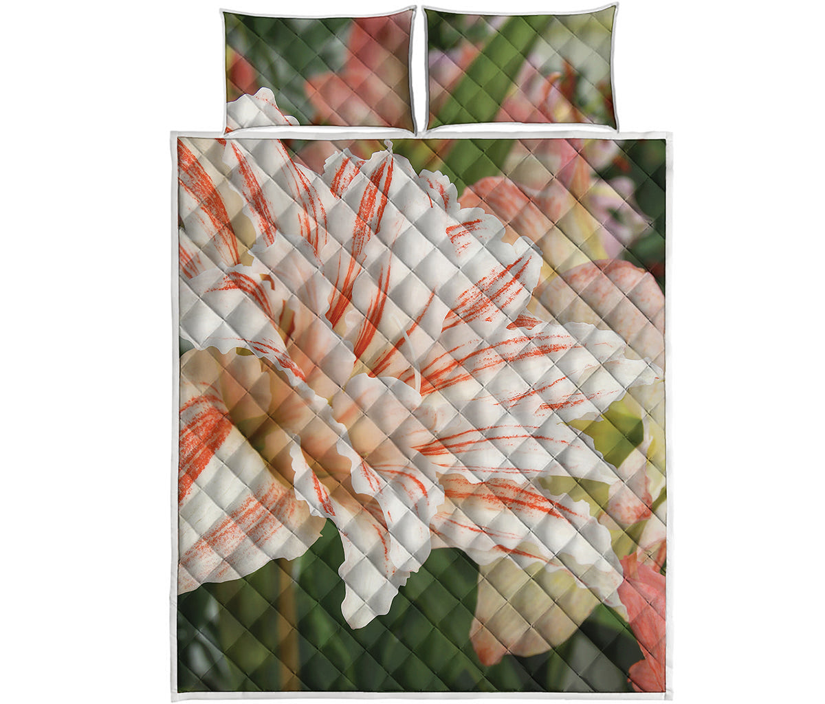 White And Pink Amaryllis Print Quilt Bed Set