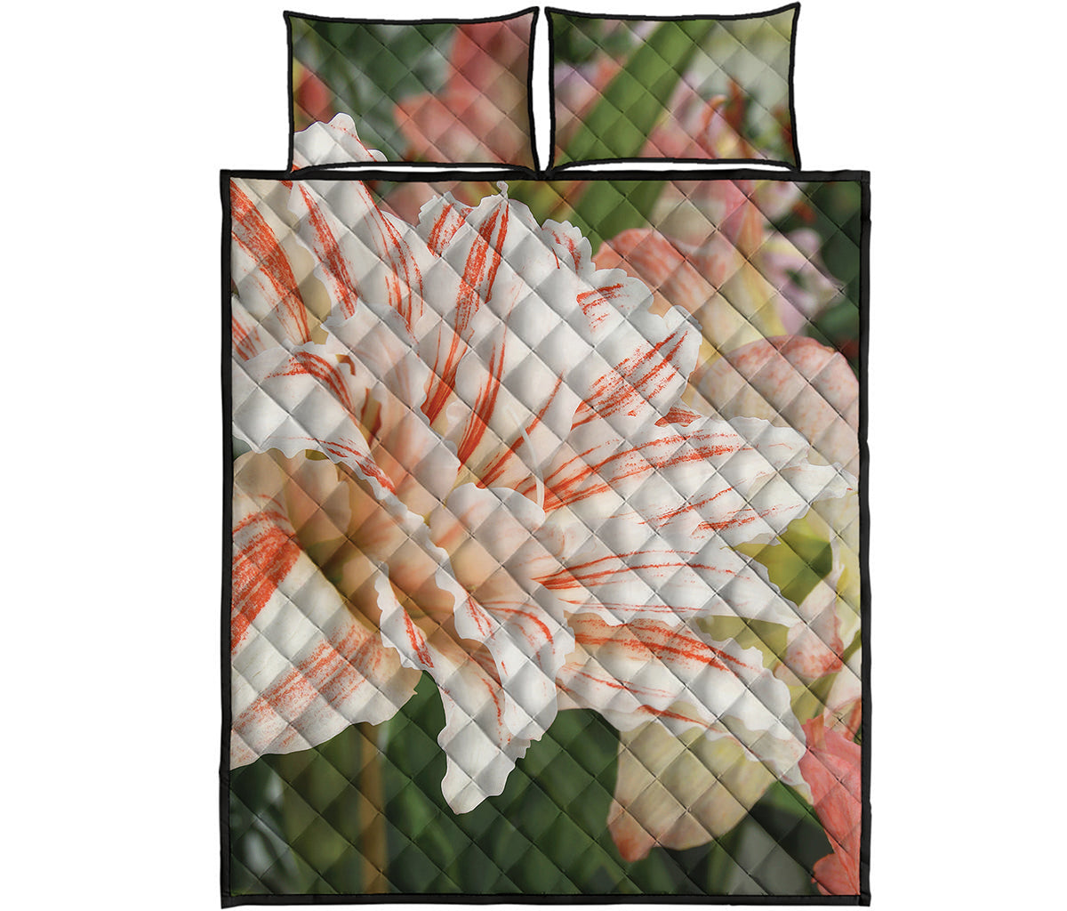 White And Pink Amaryllis Print Quilt Bed Set