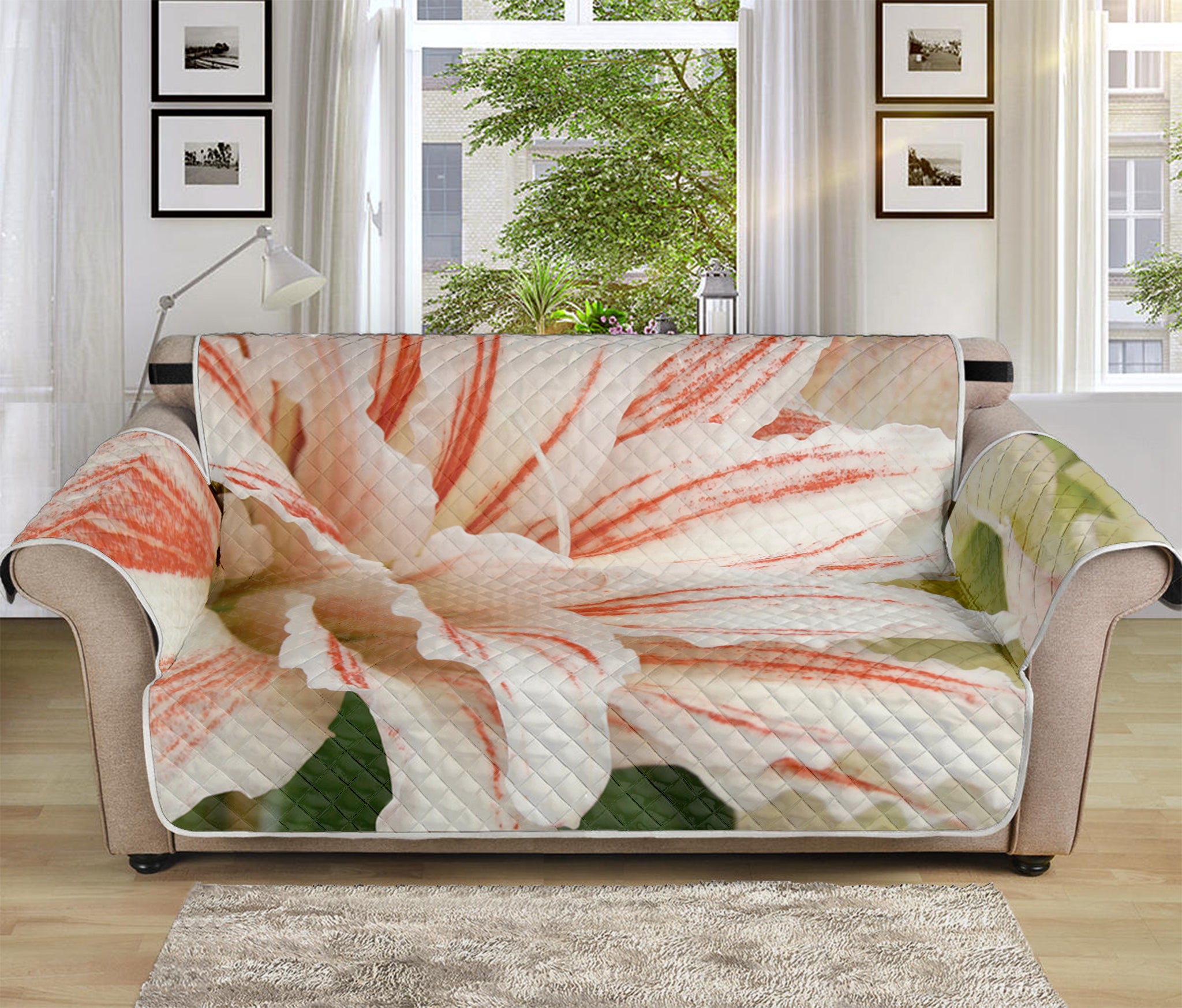 White And Pink Amaryllis Print Sofa Protector