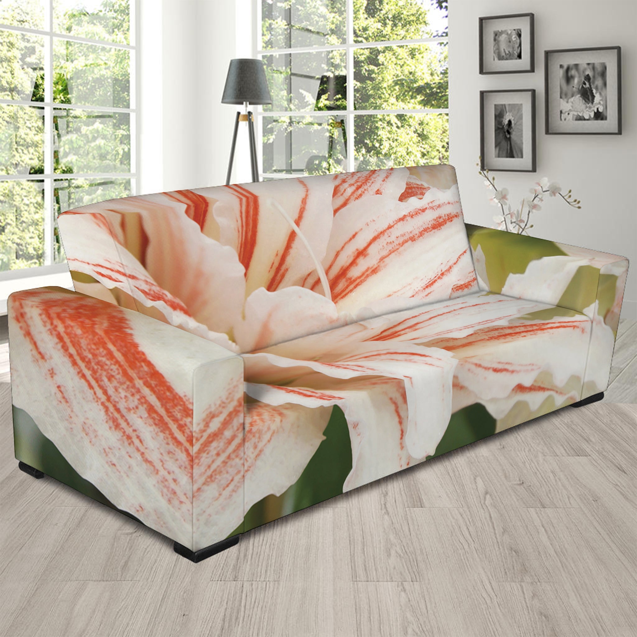 White And Pink Amaryllis Print Sofa Slipcover