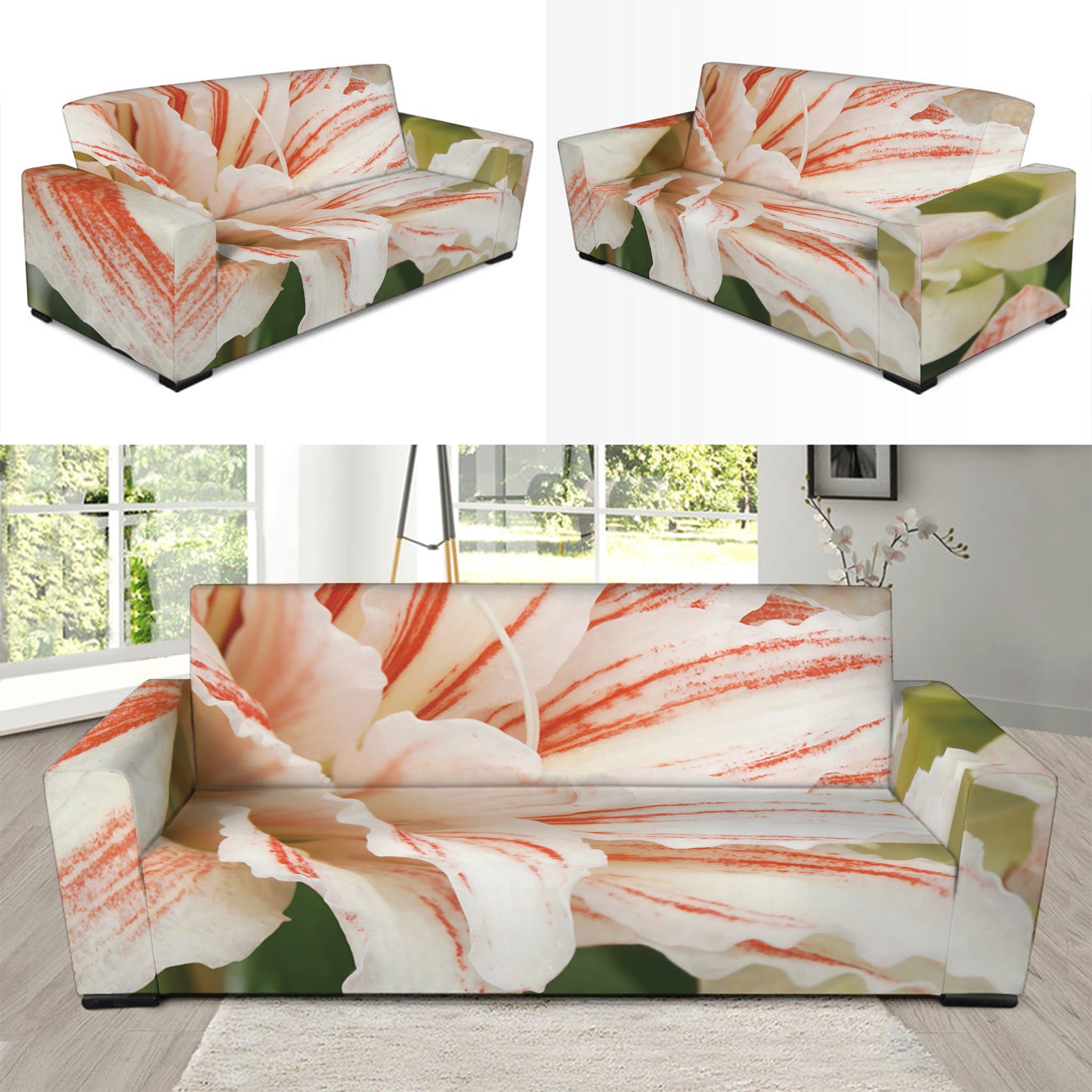 White And Pink Amaryllis Print Sofa Slipcover