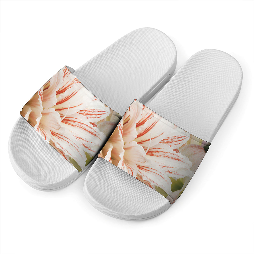 White And Pink Amaryllis Print White Slide Sandals