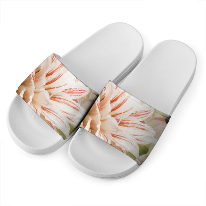 White And Pink Amaryllis Print White Slide Sandals