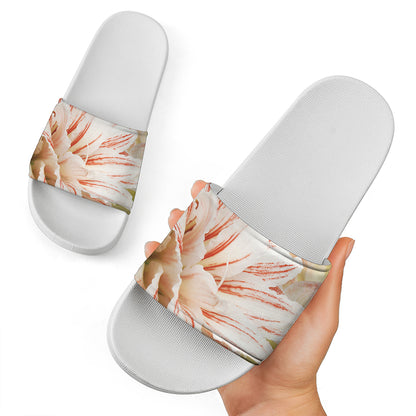 White And Pink Amaryllis Print White Slide Sandals