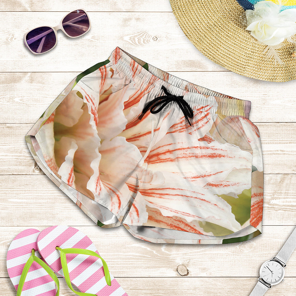 White And Pink Amaryllis Print Women's Shorts