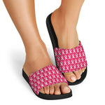 White And Pink Breast Cancer Print Black Slide Sandals