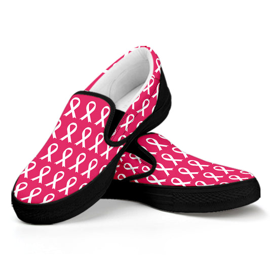White And Pink Breast Cancer Print Black Slip On Shoes