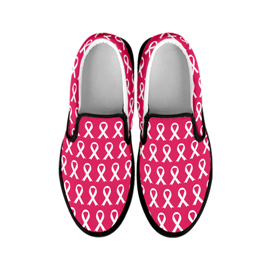 White And Pink Breast Cancer Print Black Slip On Shoes