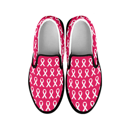 White And Pink Breast Cancer Print Black Slip On Shoes