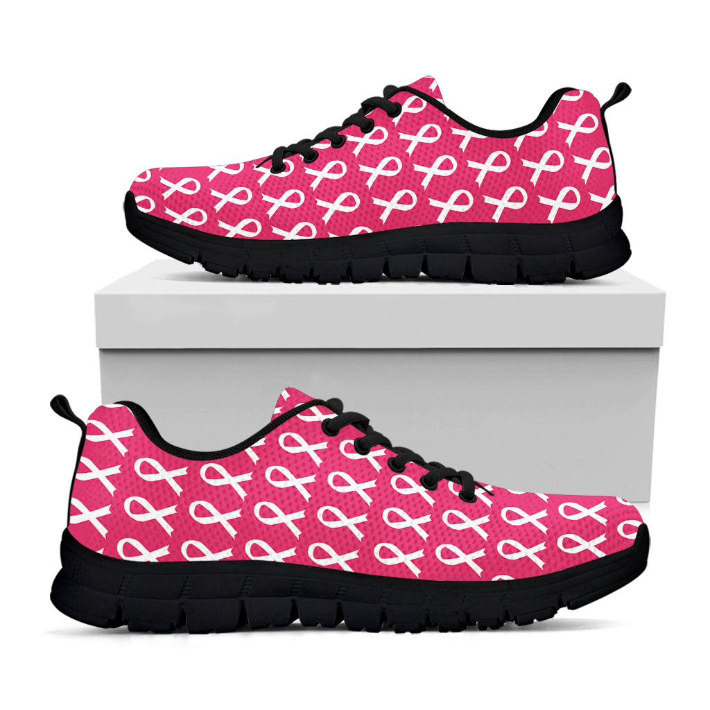 White And Pink Breast Cancer Print Black Sneakers