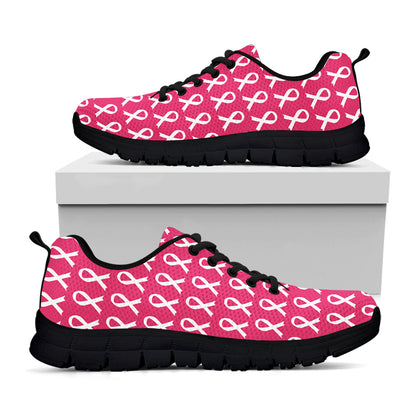 White And Pink Breast Cancer Print Black Sneakers