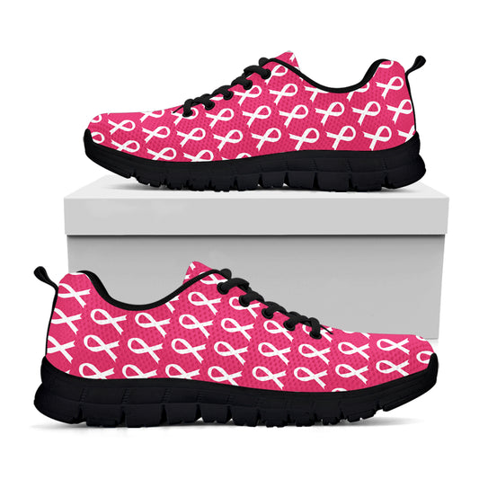 White And Pink Breast Cancer Print Black Sneakers