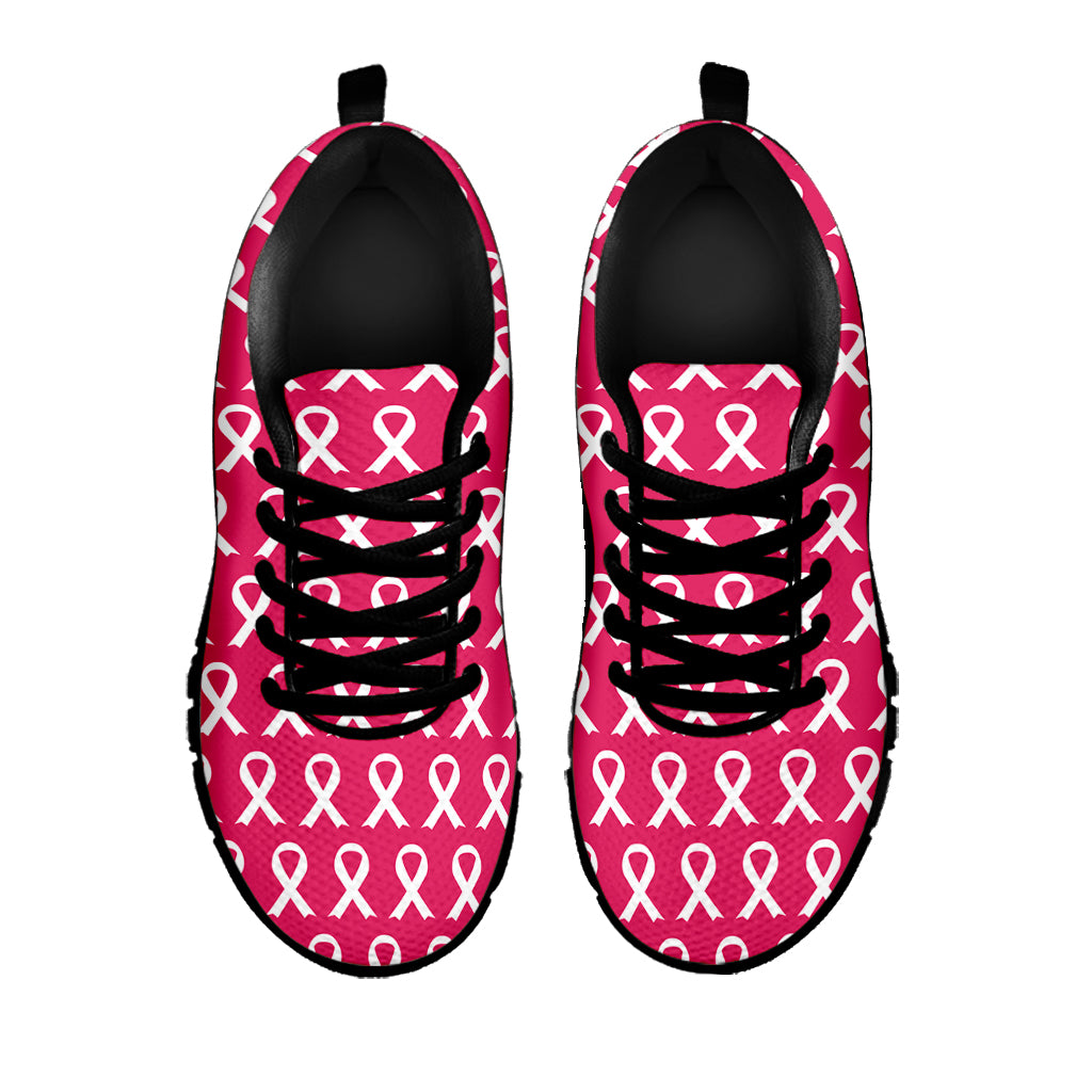 White And Pink Breast Cancer Print Black Sneakers