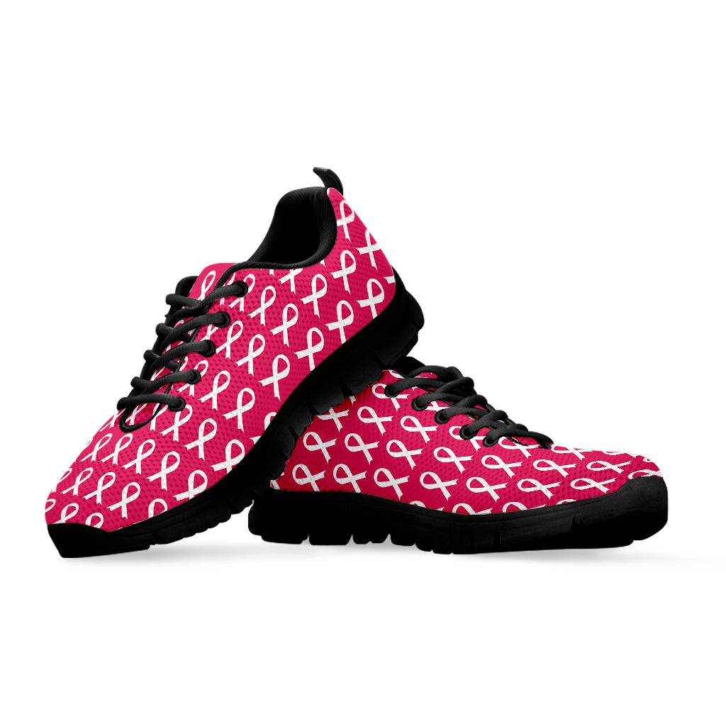White And Pink Breast Cancer Print Black Sneakers