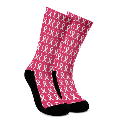 White And Pink Breast Cancer Print Crew Socks