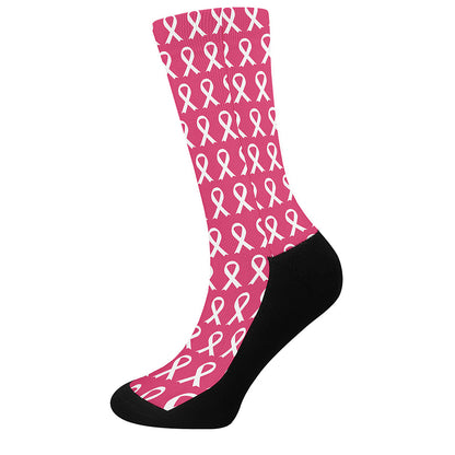 White And Pink Breast Cancer Print Crew Socks